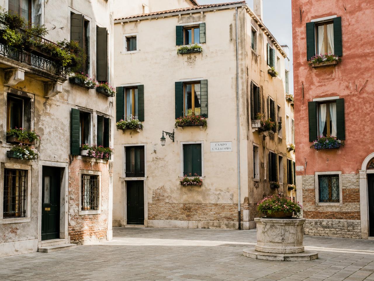 Un campo veneziano con facciate chiare e persiane verdi